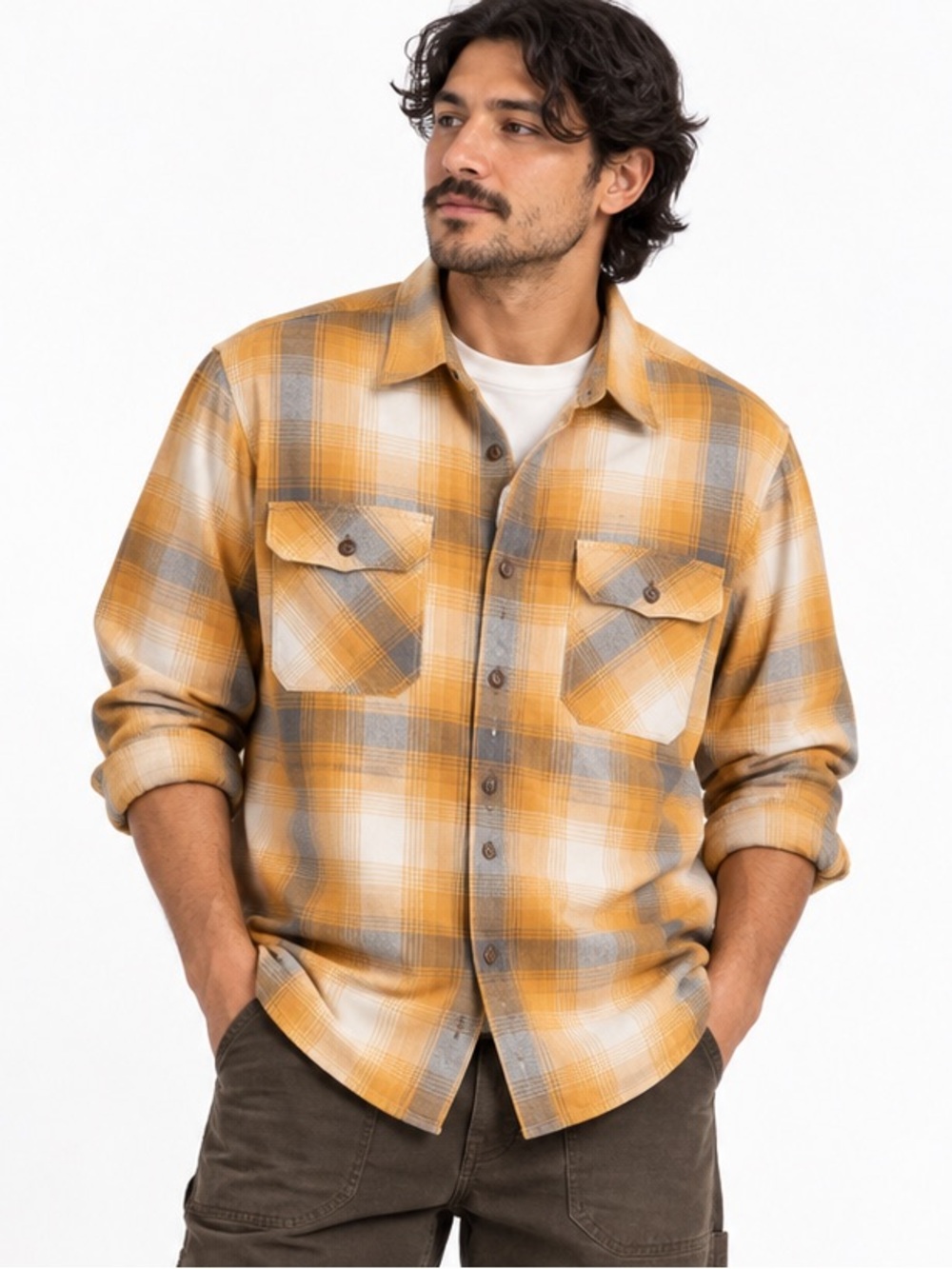 Pendleton Men’s XL Mustard Gray Plaid Cotton Flannel Shirt